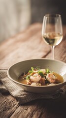 Seafood stew with shrimp, scallops, mussels, and fresh herbs, pairing with white wine on wooden table