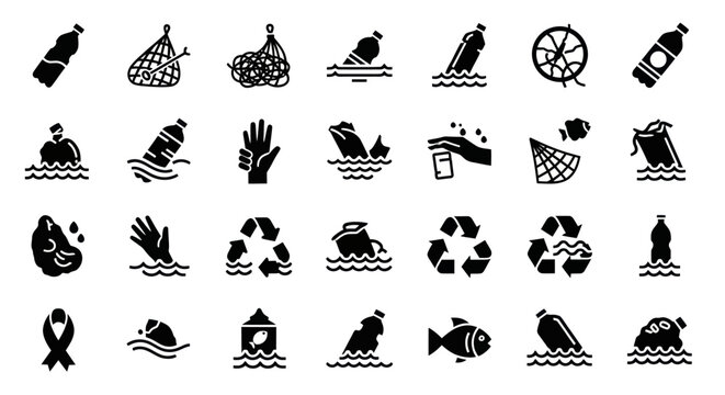 Black  White Icons of Ocean Pollution and Recycling