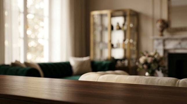 Luxury living room background with dark wood table and green couch in soft light