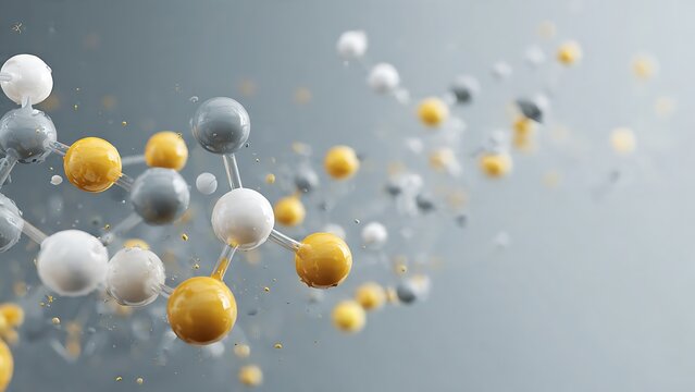 Abstract visualization of a molecular structure with yellow, white, and gray spheres connected by bonds, on a gray background, symbolizing science and innovation