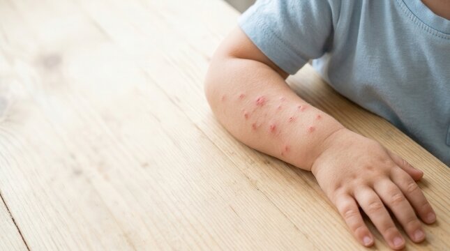 Close up of baby arm with many red itchy mosquito bites or insect stings. Toddler skin inflammation, allergy reaction, dermatology problem, chickenpox or hand foot and mouth disease symptoms.