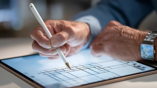 Digital Architect: A skilled architect meticulously sketching intricate designs on a sleek tablet, the glow of the screen illuminating focused concentration and technological precision.
