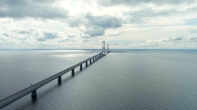 Korser, Denmark. Great Belt Bridge (Storebalt). Cloudy weather with gaps. Drone footage, Point of interest