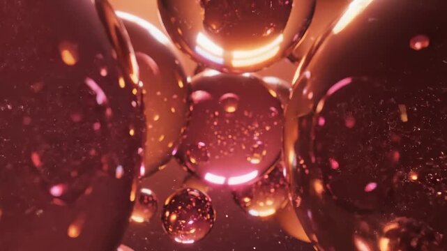 Abstract Red Bubbles Floating and Reflecting Light in Slow Motion