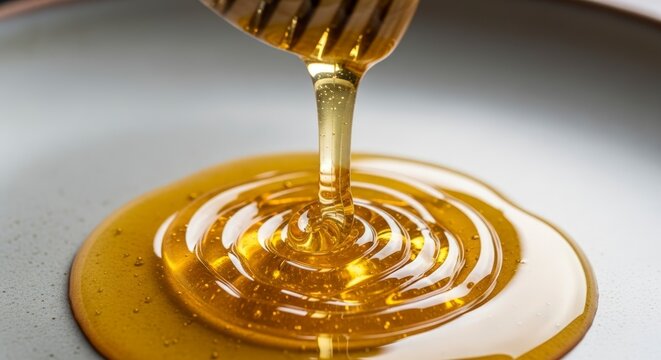 Golden honey pouring from honey dipper.