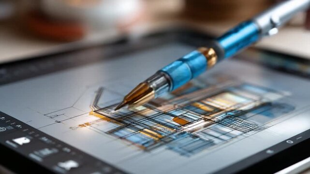 Precision Design: A close-up shot of a stylus pen meticulously crafting intricate designs on a digital tablet, symbolizing the fusion of technology and artistic creation.