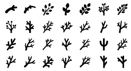 Fototapeta premium Black and White Vector Icons of Tree Branches and Leaves