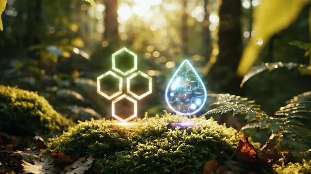 Digital-infused natural elements, glowing hexagons, and water drops with circuitry