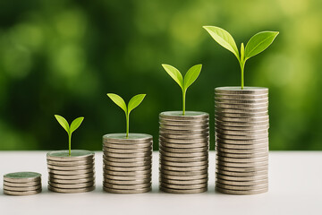 Stacks of coins with green plants sprouting symbolizing financial growth investment strategy wealth accumulation and sustainable economic future