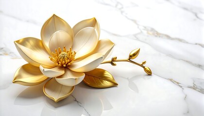A close-up studio shot presents a sophisticated golden bloom, gracefully arranged on a marble patterned surface with gold accents