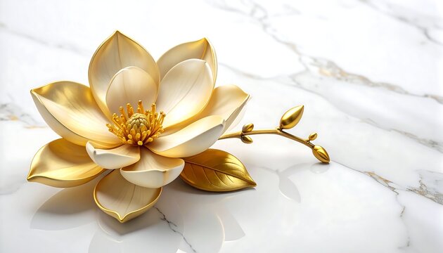 A close-up studio shot presents a sophisticated golden bloom, gracefully arranged on a marble patterned surface with gold accents