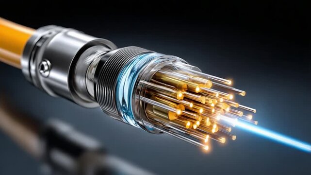 Fiber Optic Cable:  Detailed view of fiber optic cable, showing individual fiber strands illuminated with a bright blue light, showcasing high-speed data transmission.