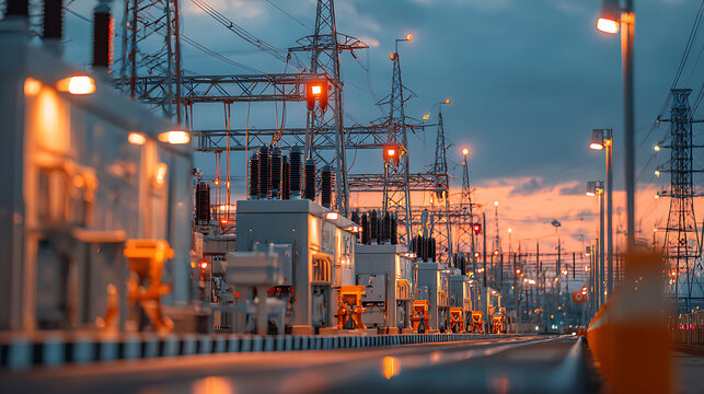 Electrical Substation Power Grid Infrastructure at Dusk with Orange and Blue Sky