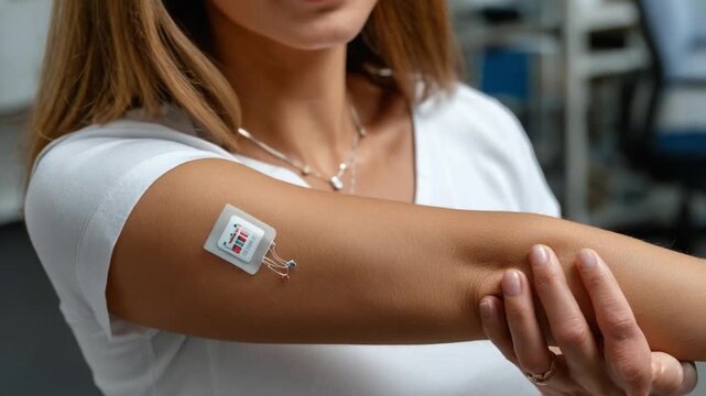 Wearable Medical Device: A close-up view shows a woman's arm with a small, advanced medical device affixed, symbolizing technological advancements and healthcare innovation.