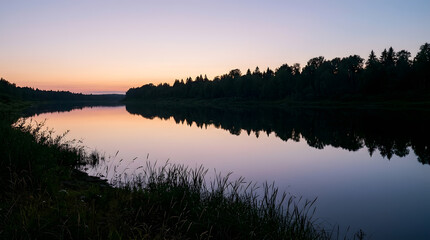 Obraz premium Clean river winding through lush green forest with reflections in tranquil waters