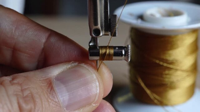 Close-up of a hand threading a golden spool of thread on a sewing machine needle