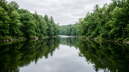 Obraz premium Clean river flowing through lush green forests with vibrant aquatic life and serene nature