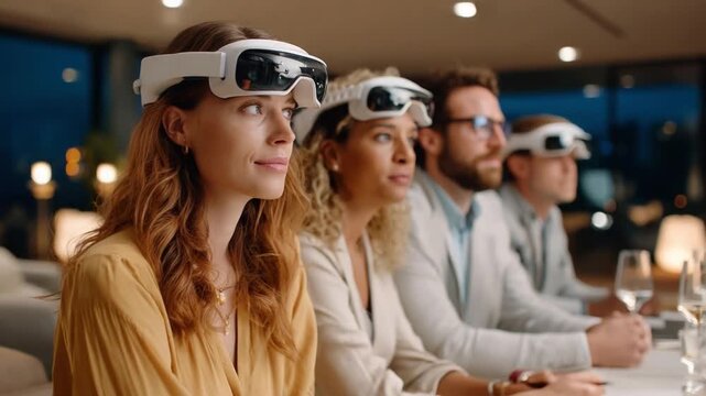 Immersive Experience: A group of individuals wearing futuristic devices engage in an immersive experience, peering intently as they explore a cutting-edge technological environment. 