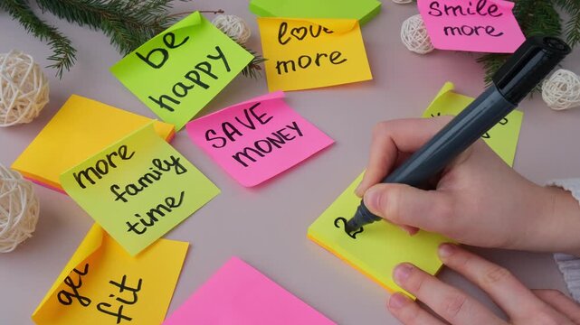 2027 GOALS Unrecognizable woman writing new year's resolutions on colorful sticky notes. Making promises for new year, setting goals. Creating vision board motivation
