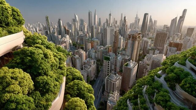 Urban Oasis: High-angle view showcasing a futuristic metropolis seamlessly integrated with nature, creating a harmonious blend of sustainable architecture and lush greenery.