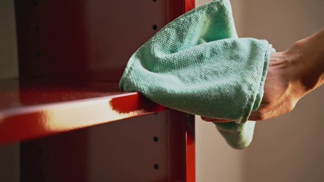 Hand wiping a red shelf with a green microfiber cloth cleaning