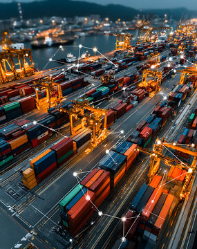 Global Shipping Container Port At Night With Connected Network Overlay