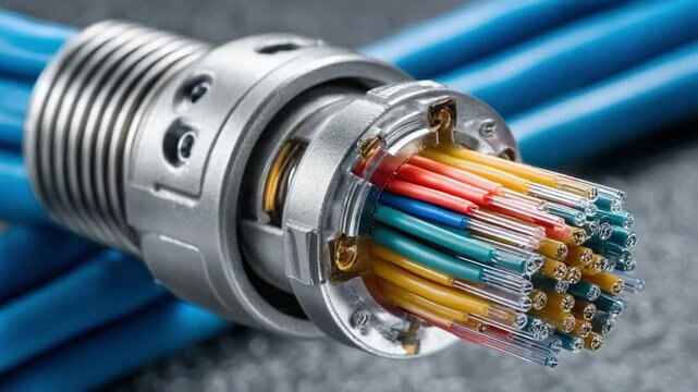 Complex Wire Connector: A detailed macro shot of a sophisticated wire connector, showcasing the intricate arrangement of colorful wires housed within a metallic shell.