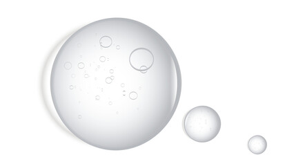 Water serum texture. Liquid gel drops. Clear white cosmetic oil with bubbles circle set isolated on white background