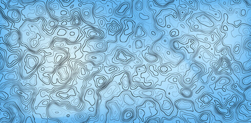 Abstract topographic contour map pattern, smooth organic lines, layered shapes, light blue gradient background, minimal modern design. © Abd