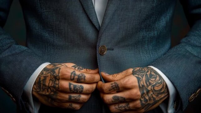 Stylish man with tattooed hands getting dressed and fastening the button on his elegant suit jacket