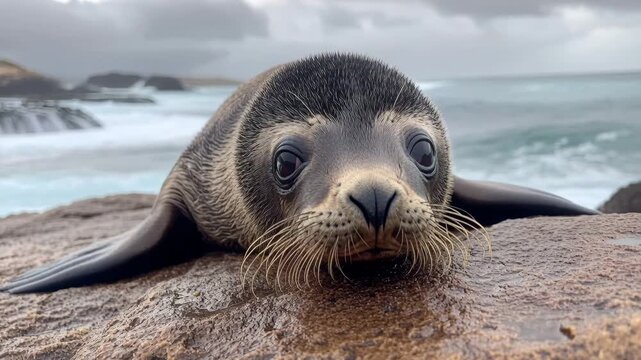 Close up of a cute baby sea lion pup resting on a wet rock with ocean waves in the background