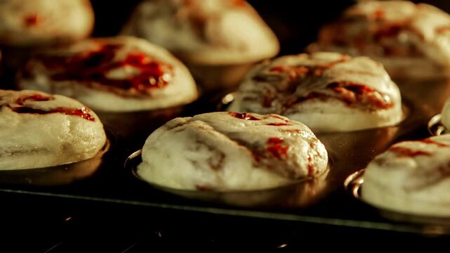 Timelapse close up process of cooking many homemade crunchy oatmeal cookies on metal sheet in oven. Time lapse, dessert, cookery, baking, gastronomy and food concept