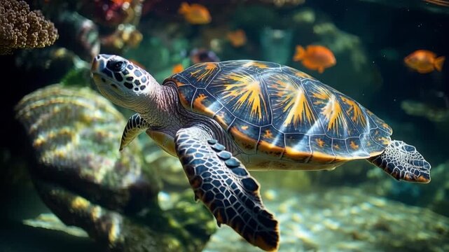Majestic sea turtle swimming gracefully in a large aquarium with tropical fish in the background