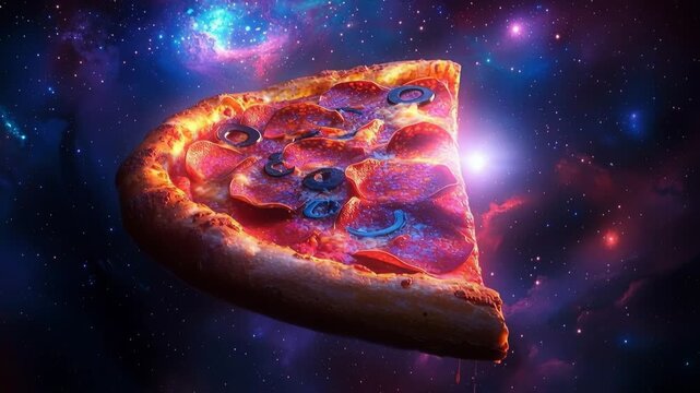 Vibrant pepperoni pizza slice with melting cheese drifting through a colorful galaxy background