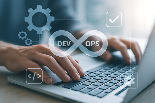 Developer working with laptop computer using DevOps technology for agile software development automation and innovation