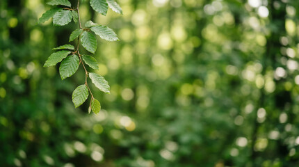 Obraz premium Peaceful forest background with soft focus leaves hanging over tranquil nature trail setting