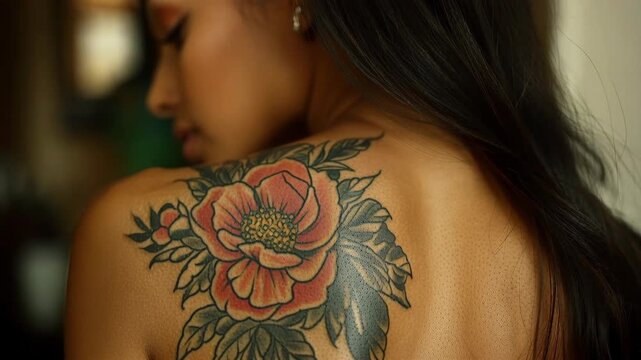 Beautiful woman showing a colorful flower tattoo on her shoulder blade in a close-up view