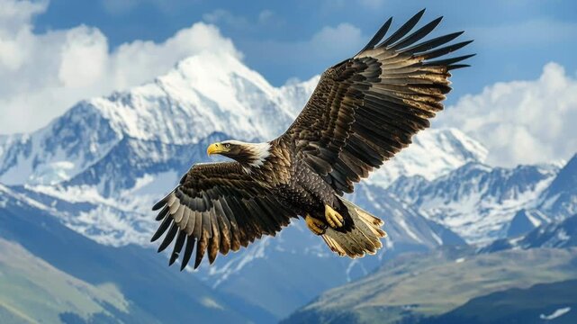 Magnificent bird of prey soaring with wings spread wide against a stunning mountain landscape