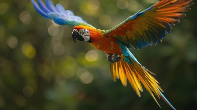 Vibrant macaw parrot gracefully flying in slow motion with a beautiful jungle background
