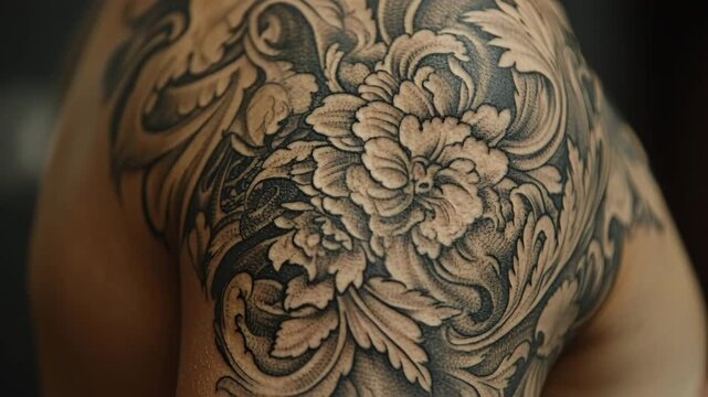 Detailed black and grey floral tattoo with baroque style leaves inked on a person's shoulder