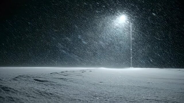 Snowfall under a streetlamp illuminates a silent night.