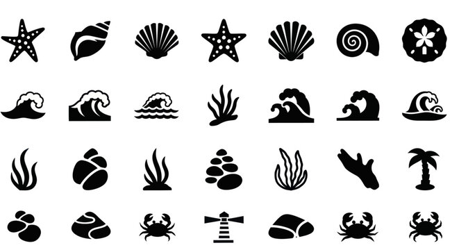 Black  White Glyph Icons of Ocean Sea Life and Beach Elements