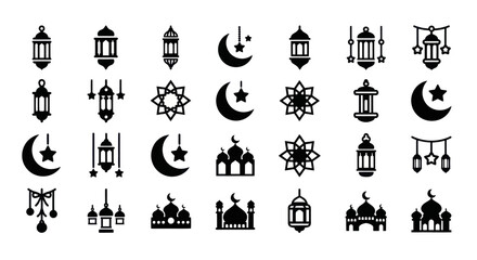 Fototapeta premium Islamic Ramadan Icons - Mosques, Lanterns, Moon Stars Glyphs