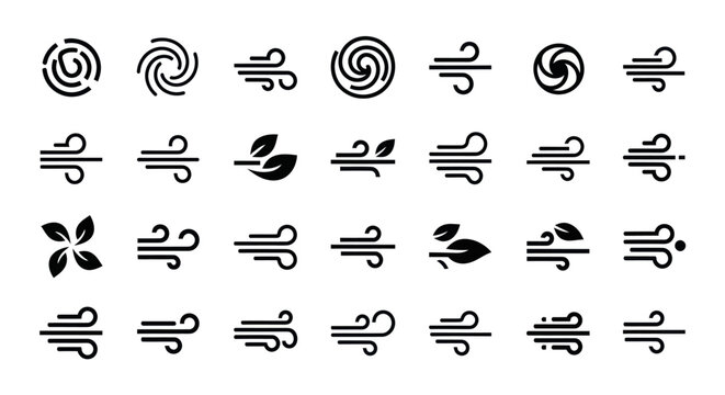 Set of Black and White Wind Icons in Line Art Style