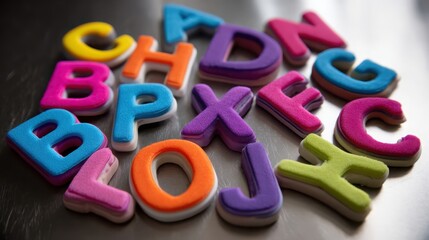 Fototapeta premium A vibrant collection of chunky, colorful alphabet letter magnets scattered across a metallic surface.