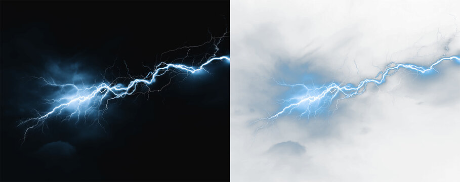 Lightning zigzag electric discharge pattern with intricate blue plasma branches in white haze png