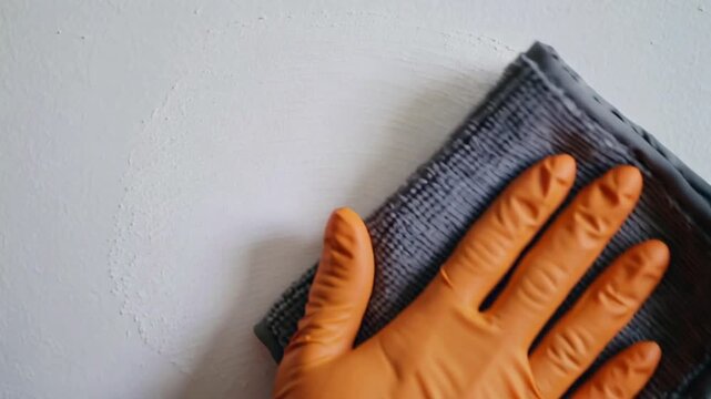 Hand in orange glove cleaning white wall with gray microfiber cloth image photo