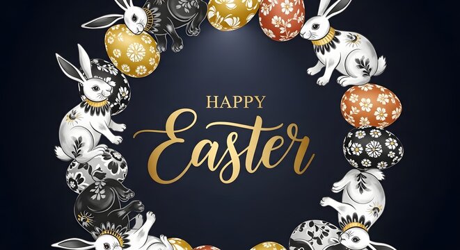 Easter wreath with bunnies and eggs on dark background with happy easter text