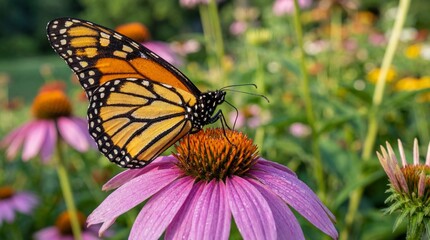 Fototapeta premium Monarch butterfly feeding on purple coneflower in summer garden macro shot