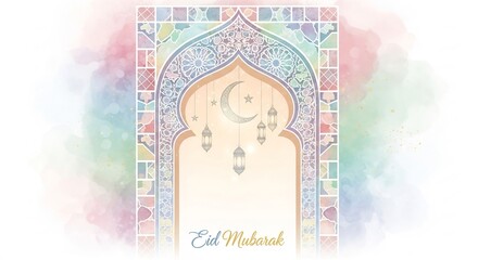 Elegant watercolor-style Islamic archway with crescent moon, ornate lanterns, and 'Eid Mubarak' calligraphy, soft pastel background